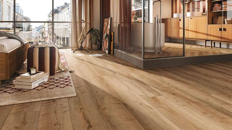 Pavimento di design MEISTER in vinile rigido RM 500 S - 20198 Fascia in ottone | isolamento acustico integrato (400050-1522225-20198)