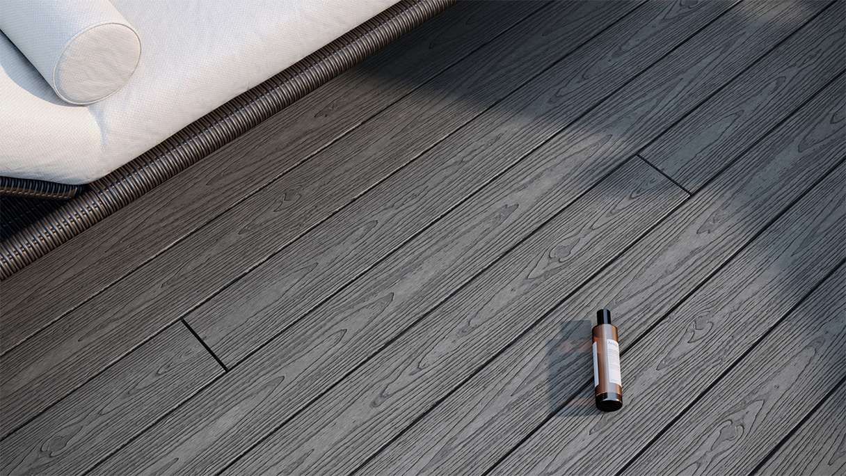 planeo CoEXWood WPC decking set completo di tavole massicce - cemento grigio/testurizzato