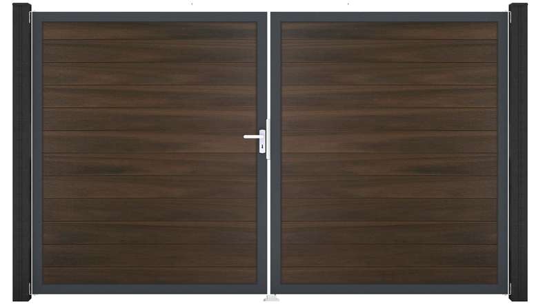 planeo Gardence Strong - Cancello BPC - a 2 ante, noce co-ex con telaio in alluminio
