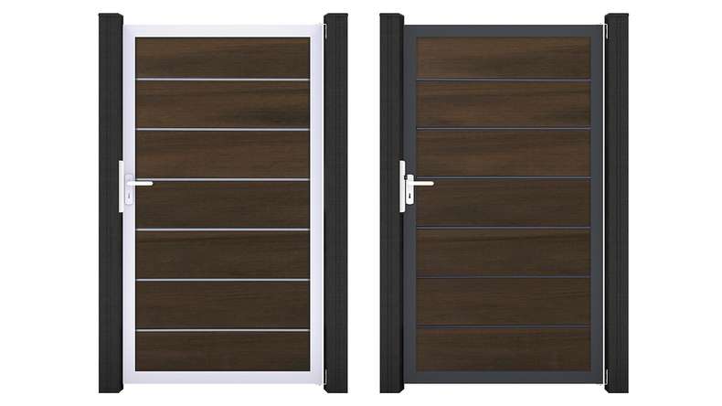 planeo Gardence Deluxe - Cancello universale BPC in noce co-ex con telaio in alluminio 100 x 180 x 4 cm