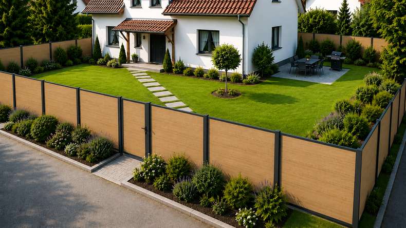 planeo INFINITY XL-Board - recinzione a innesto WPC CoEx sabbia 176 x 183