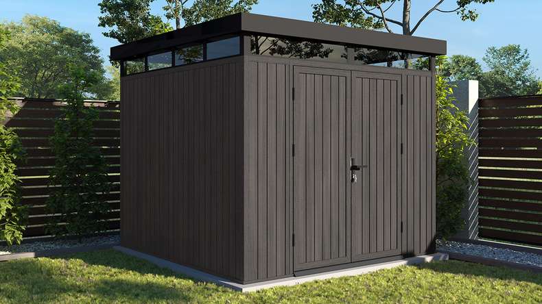 planeo WPC CoEx Casetta da giardino con tetto piano M - Grigio scuro 250 x 250 x 226,5 cm
