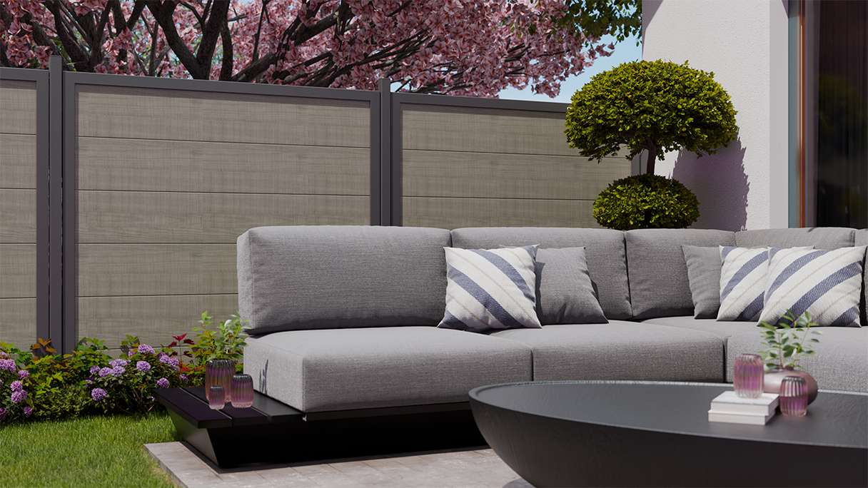 planeo Gardence Simply Guard - Recinzione da giardino in PVC Grigio Frassino Tagliato con telaio in alluminio antracite 180 x 180 cm