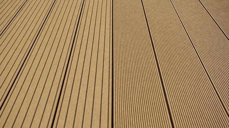 planeo LineWood WPC - Doghe per terrazze massicce - Marrone terra 3 m con scanalature e incastri