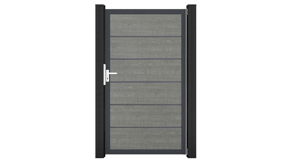 planeo Gardence Simply Premium - Cancello universale in PVC Grey Ash Cut con telaio in alluminio 100 x 180 cm