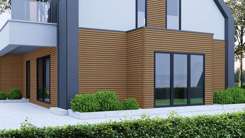 planeo LINEA Wide - Rivestimento per facciate in WPC CoEx, finitura Teak della Birmania, 2900 x 181 mm