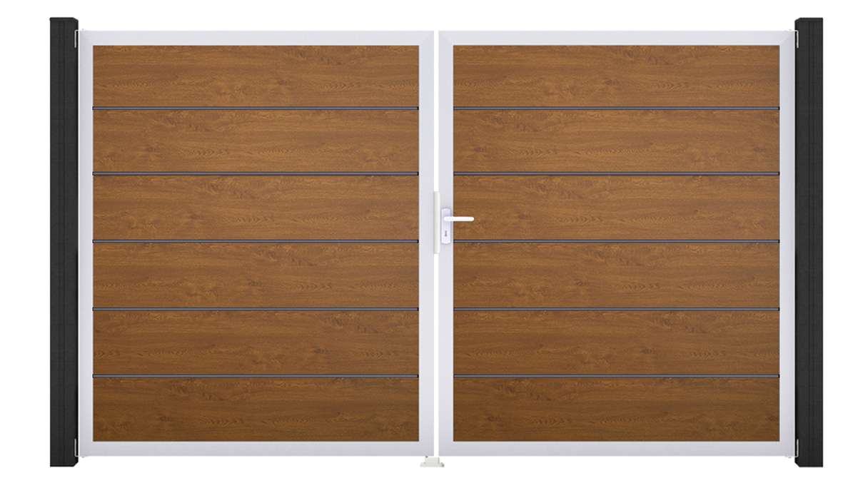 planeo Gardence Simply Premium - Cancello in PVC a 2 ante Golden Oak con telaio in alluminio 300 x 180 cm