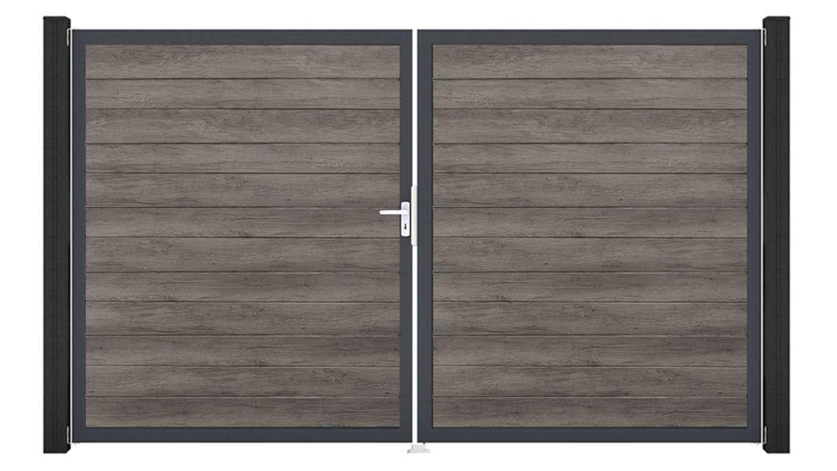 planeo Gardence Simply Small - Cancello in PVC a 2 ante, finitura Monument Oak con telaio in alluminio, 300 x 180 cm