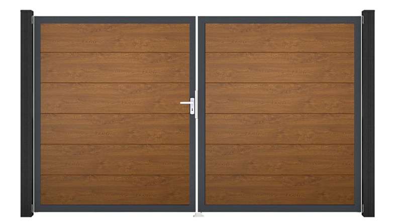 planeo Gardence Simply - Cancello in PVC a due ante, colore Golden Oak, con telaio in alluminio 
