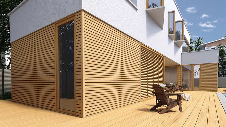 planeo LINEA Slim - Rivestimento per facciate in WPC CoEx, colore sabbia, 2900 x 215 mm
