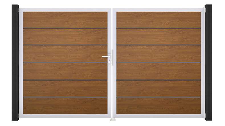 planeo Gardence Simply Premium - Porta in PVC - DIN sinistra 2 ante Golden Oak con telaio in alluminio argento | EV1 300 x 180 cm