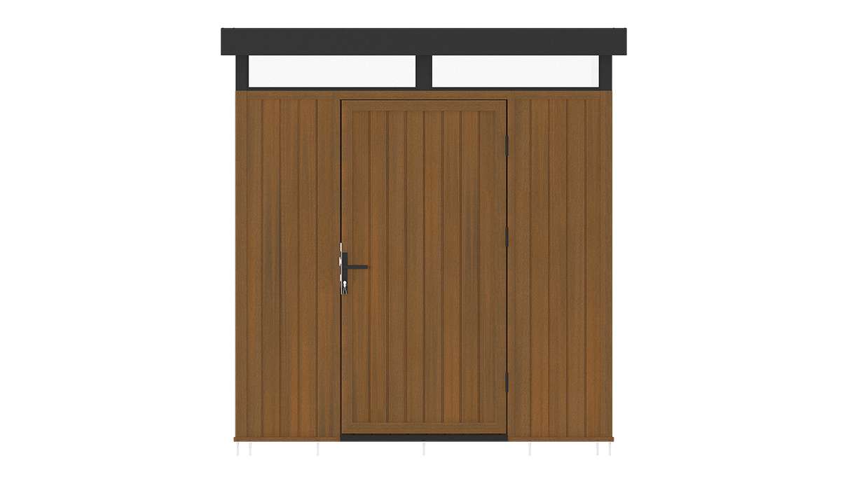 planeo WPC CoEx Casetta da giardino con tetto piano S - Teak birmano 208 x 200 x 226,5 cm