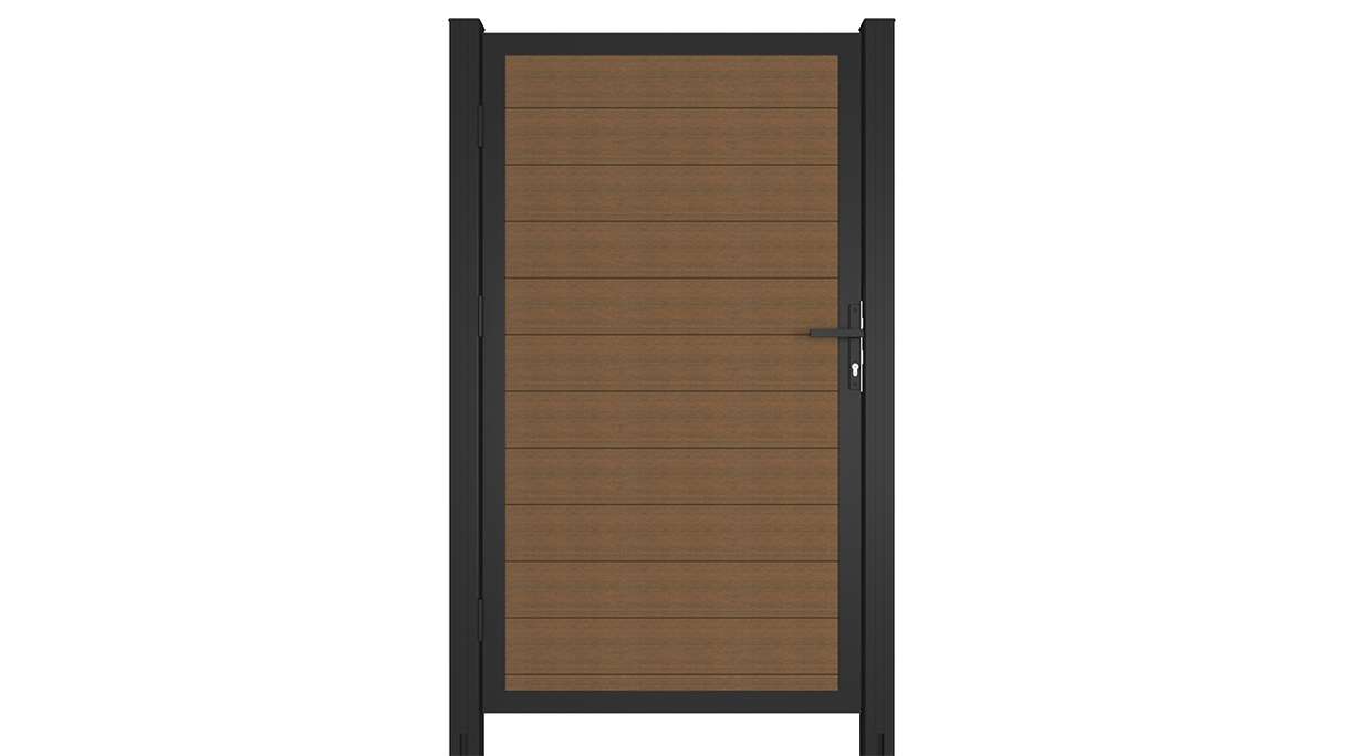 planeo INFINITY - Porta universale WPC CoEx Teak Burma con telaio in alluminio antracite 100 x 180 cm