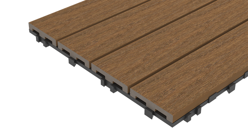 Piastrella per terrazze planeo in WPC-CoEx, modello Burma Teak, 90x30 cm