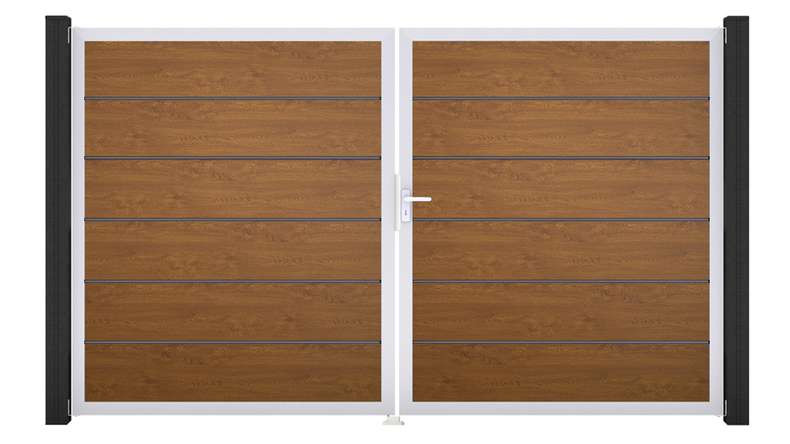 planeo Gardence Simply Premium - Cancello in PVC a 2 ante Golden Oak con telaio in alluminio 300 x 180 cm