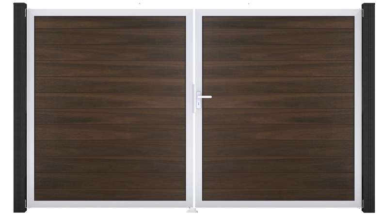planeo Gardence Strong - Cancello BPC - a 2 ante, noce co-ex con telaio in alluminio