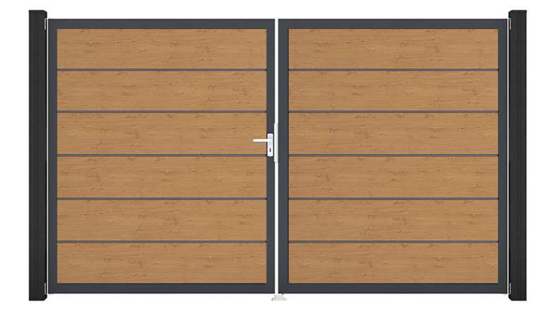 planeo Gardence Simply Premium - Cancello in PVC a 2 ante, rovere nodoso naturale con telaio in alluminio, 300 x 180 cm