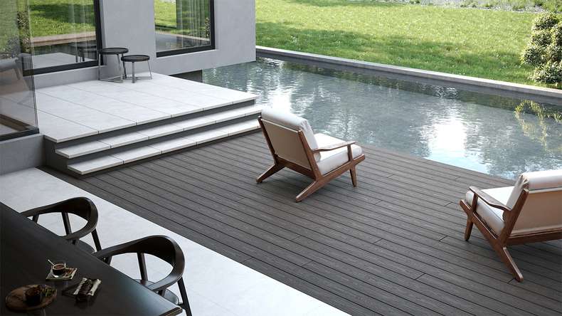 planeo CoEXWood WPC set completo di assi massicce 4,8m (47,98m²) - grigio/cemento strutturato