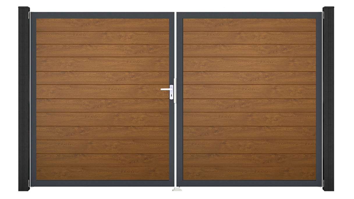 planeo Gardence Simply Small - Cancello in PVC a 2 ante, colore Golden Oak, con telaio in alluminio, 300 x 180 cm