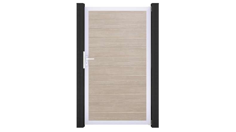 planeo Gardence Simply Small - Cancello universale in PVC Sheffield Oak con telaio in alluminio 100 x 180 cm