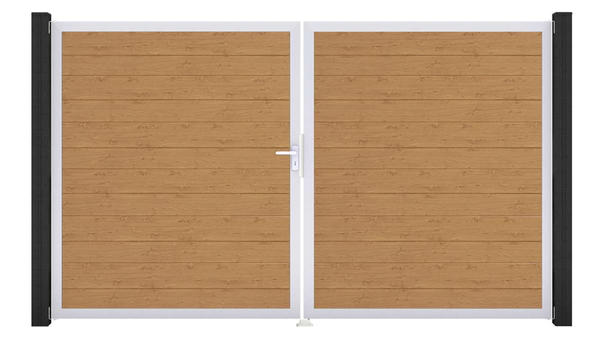 planeo Gardence Simply Small - Cancello in PVC a 2 ante, finitura rovere naturale con telaio in alluminio, 300 x 180 cm