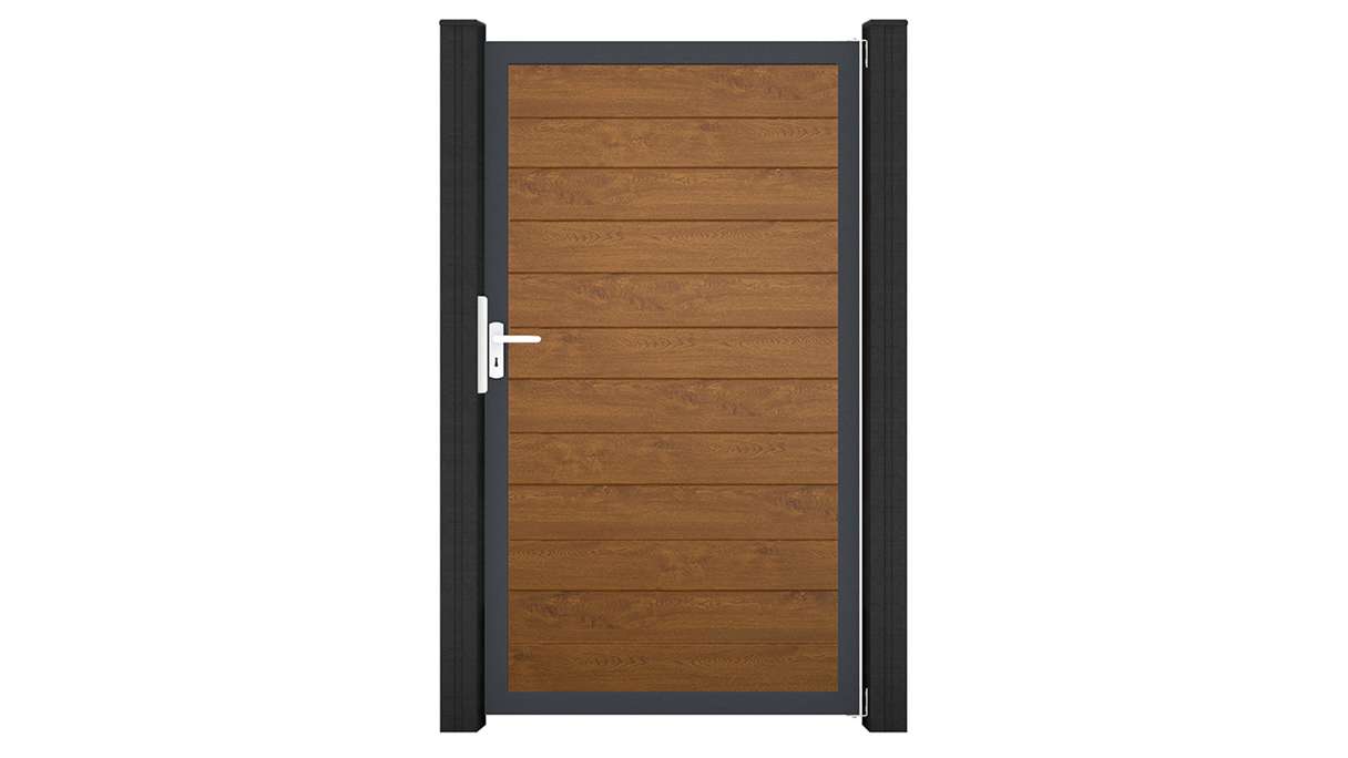 planeo Gardence Simply Small - Cancello universale in PVC Golden Oak con telaio in alluminio 100 x 180 cm