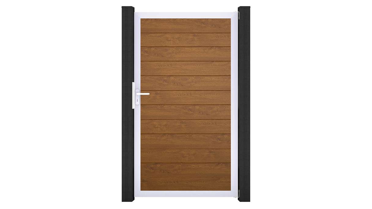 planeo Gardence Simply Small - Cancello universale in PVC Golden Oak con telaio in alluminio 100 x 180 cm