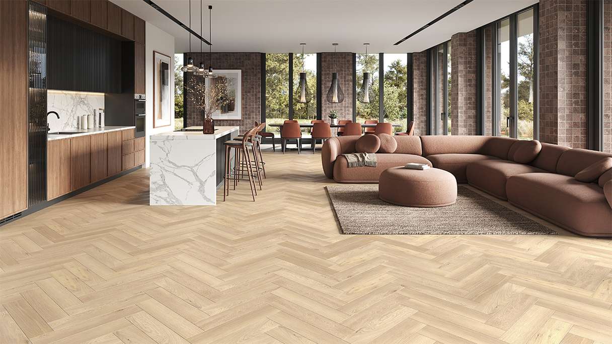 planeo Rigid Klick Vinyl - SolutionX 2in1 Herringbone Oak Light | Isolamento acustico integrato (ECF-HB-4855)