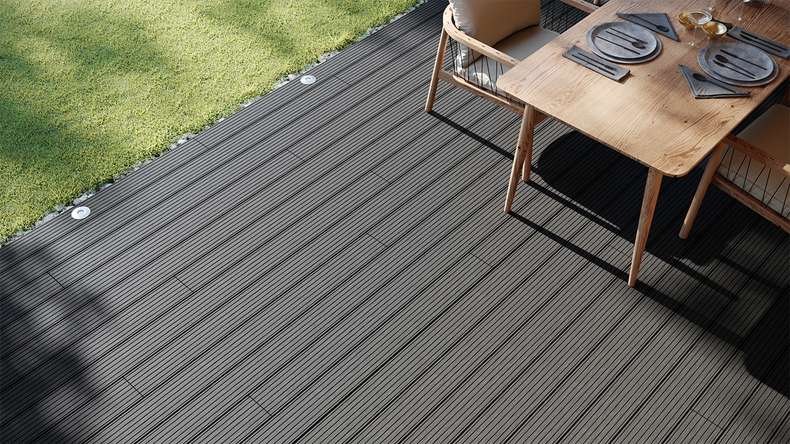 planeo LineWood WPC decking board solid - grigio scuro 3m scanalato/scanalato