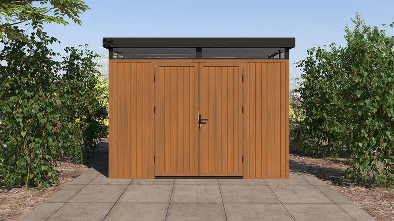 planeo WPC CoEx Casetta da giardino con tetto piano L - Teak birmano 300 x 292 x 226,5 cm