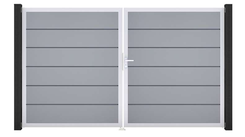 planeo Gardence Simply Premium - Porta in PVC - DIN destra a 2 ante grigio argento con telaio in alluminio argento | EV1 300 x 180 cm