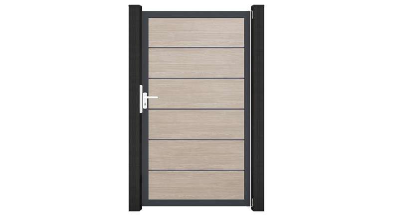 planeo Gardence Simply Premium - Cancello universale in PVC Sheffield Oak con telaio in alluminio 100 x 180 cm
