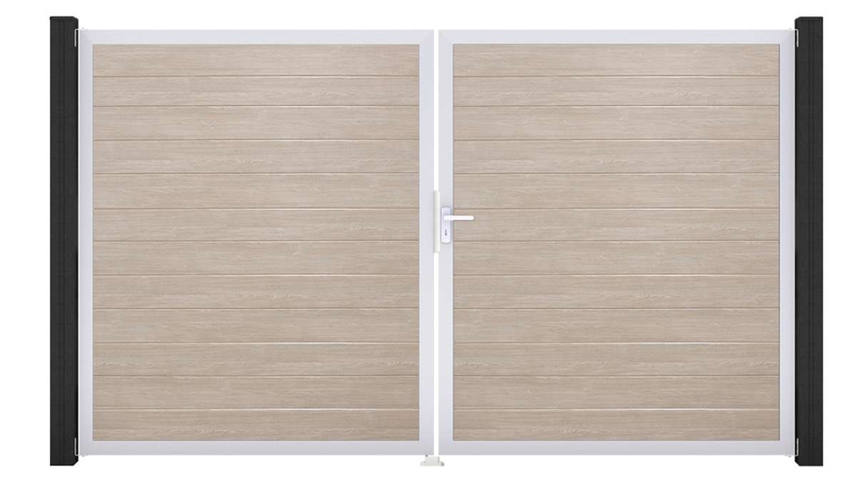 planeo Gardence Simply Small - Cancello in PVC a 2 ante, modello Sheffield Oak con telaio in alluminio, 300 x 180 cm