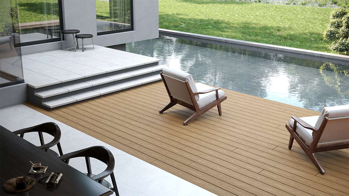 planeo CoEXWood WPC decking set completo tavola piena - sabbia/caramello textured