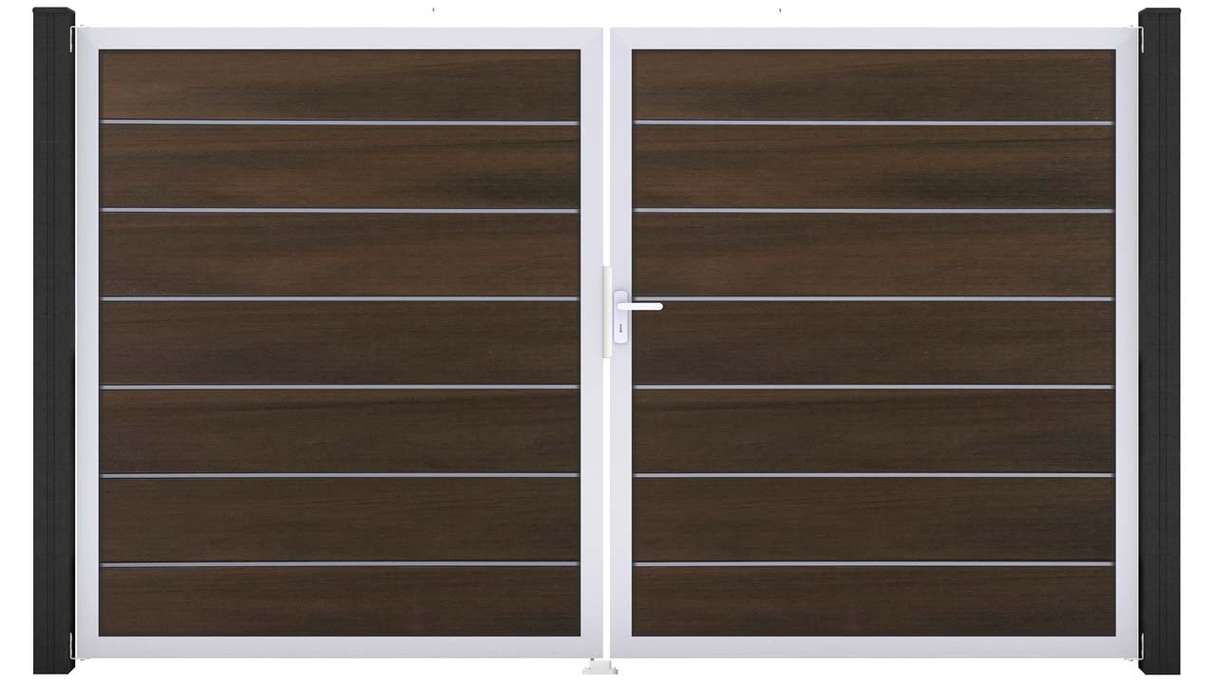 planeo Gardence Deluxe - Cancello BPC - a 2 ante, in noce co-ex con telaio in alluminio