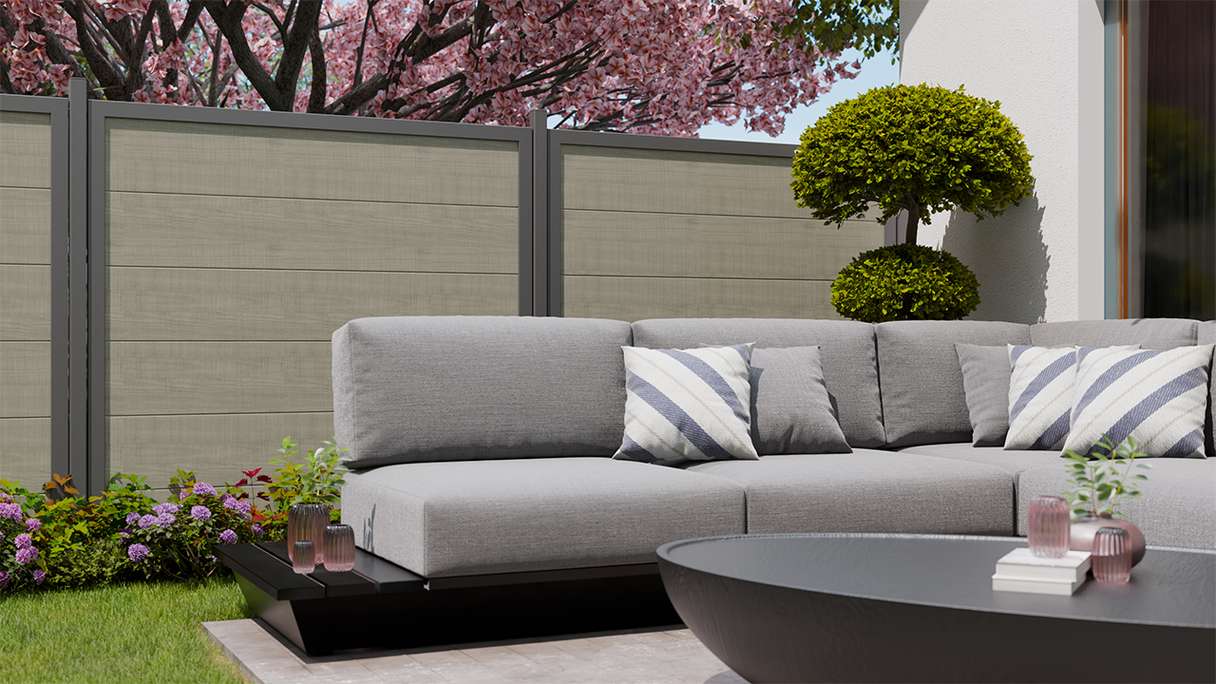 planeo Gardence Simply Guard - Recinzione da giardino in PVC Grigio Frassino Tagliato con telaio in alluminio antracite 180 x 180 cm