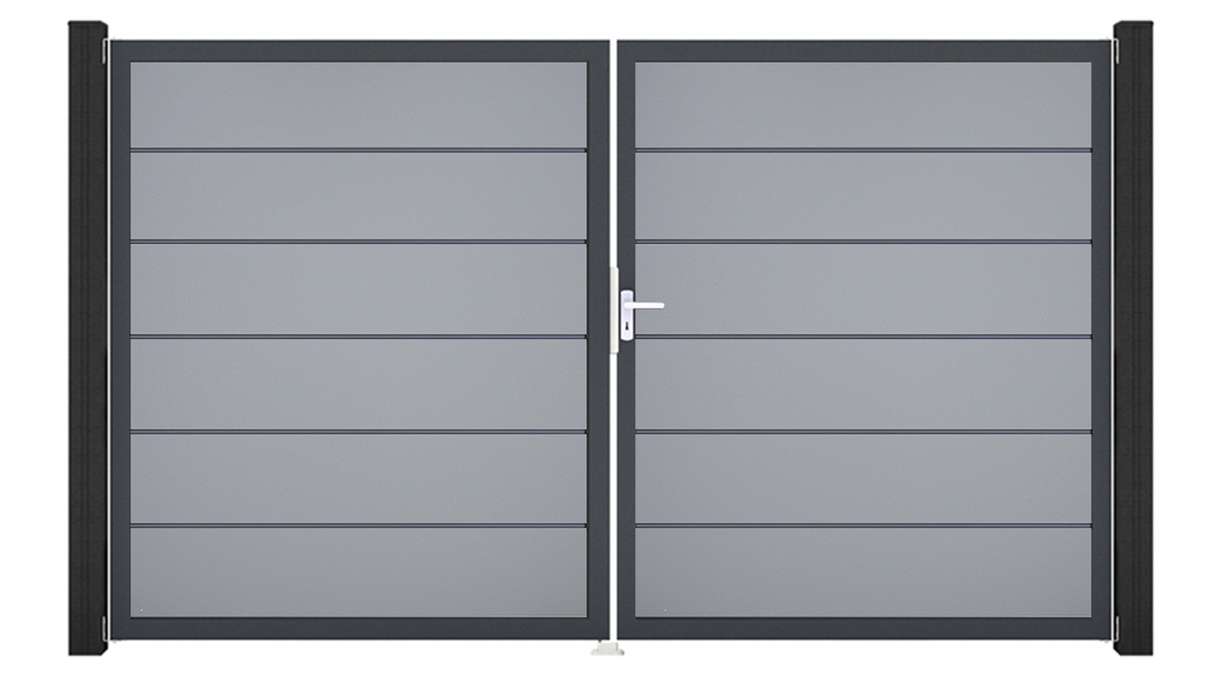 planeo Gardence Simply Premium - Cancello in PVC a 2 ante, grigio argento con telaio in alluminio, 300 x 180 cm