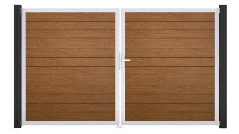 planeo Gardence Simply Small - Cancello in PVC a 2 ante, colore Golden Oak, con telaio in alluminio, 300 x 180 cm
