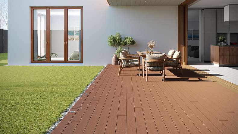 planeo LineWood WPC Pannello per decking solido - Marrone chiaro 4,80m scanalato/scanalato