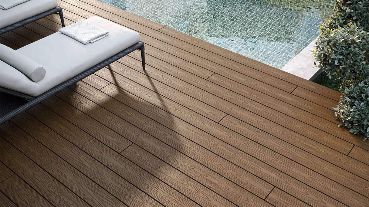 planeo CoEXWood WPC set completo di tavole massicce 4,8m (14,11m²) - finitura sabbia/caramello