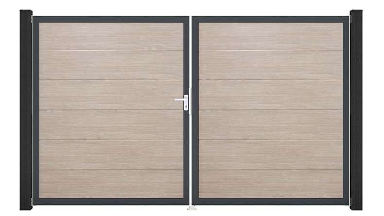 planeo Gardence Simply - Cancello in PVC a 2 ante Sheffield Oak con telaio in alluminio