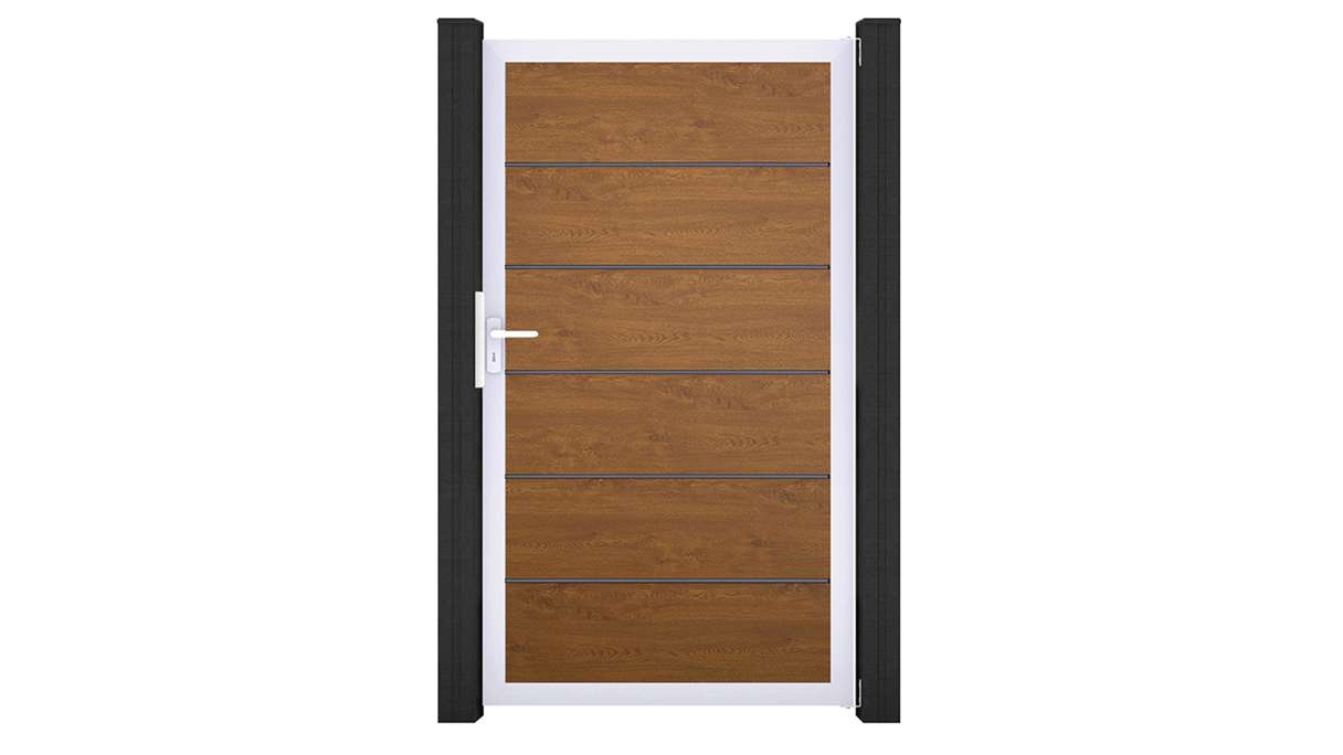 planeo Gardence Simply Premium - Cancello universale in PVC Golden Oak con telaio in alluminio 100 x 180 cm