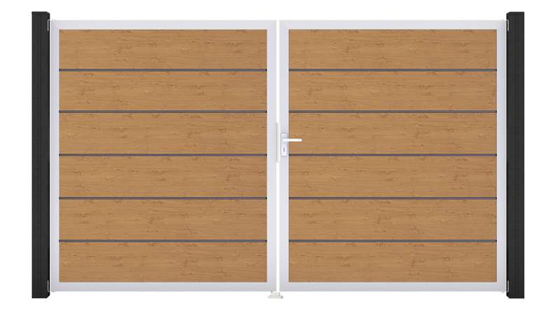 planeo Gardence Simply Premium - Porta in PVC - DIN destro a 2 ante in rovere nodoso naturale con telaio in alluminio argento | EV1 300 x 180 cm