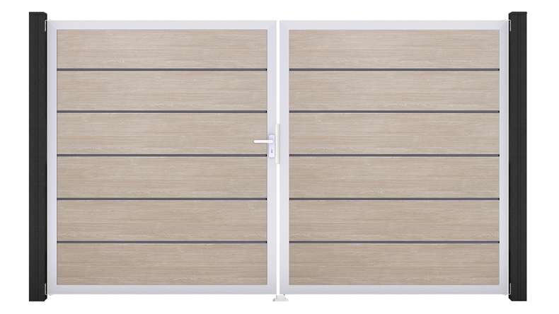 planeo Gardence Simply Premium - Porta in PVC - DIN sinistra a 2 ante in Rovere Sheffield con telaio in alluminio argento | EV1 300 x 180 cm