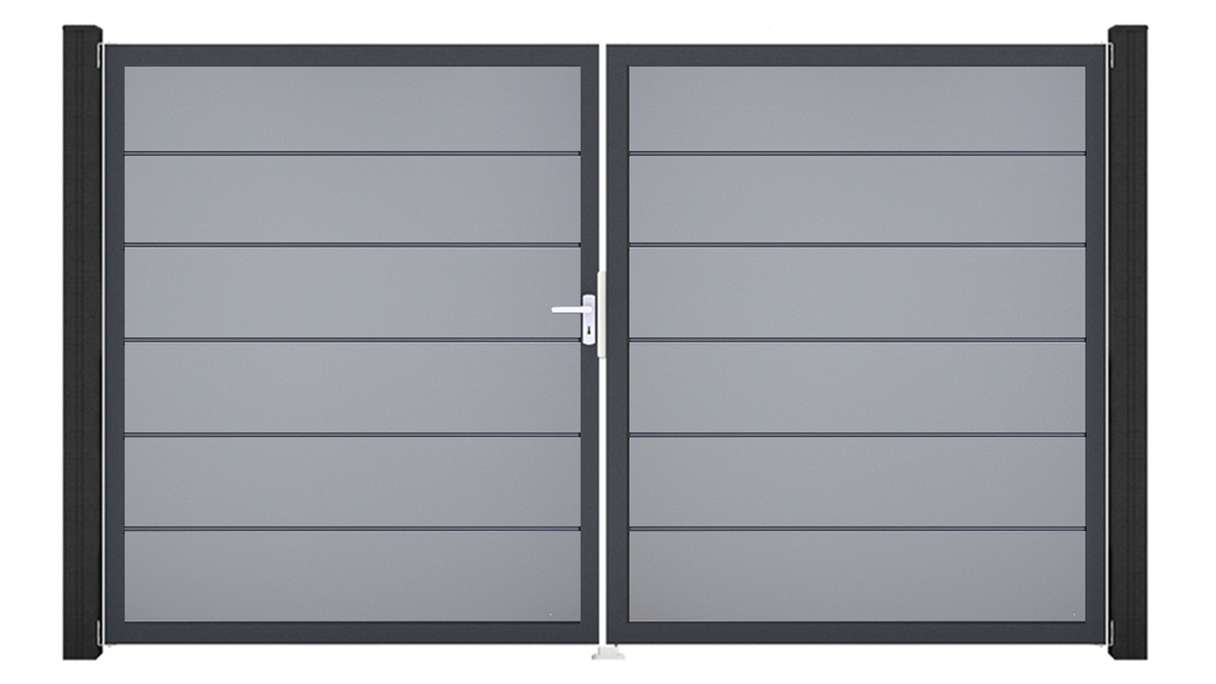 planeo Gardence Simply Premium - Cancello in PVC a 2 ante, grigio argento con telaio in alluminio, 300 x 180 cm