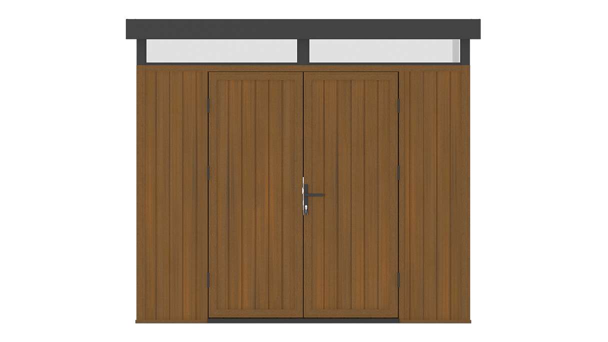 planeo WPC CoEx Casetta da giardino con tetto piano M - Teak birmano 250 x 250 x 226,5 cm