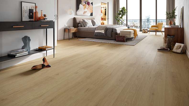 planeo Vinile rigido a incastro - HOMEtec Pro 50 IXPE Rovere sabbia calda | Isolamento acustico integrato (RP-E50-5)
