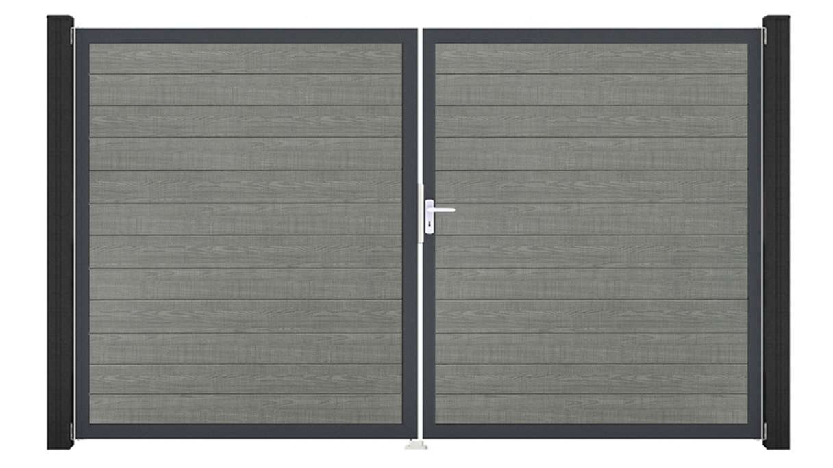 planeo Gardence Simply Small - Cancello in PVC a 2 ante Grey Ash Cut con telaio in alluminio 300 x 180 cm