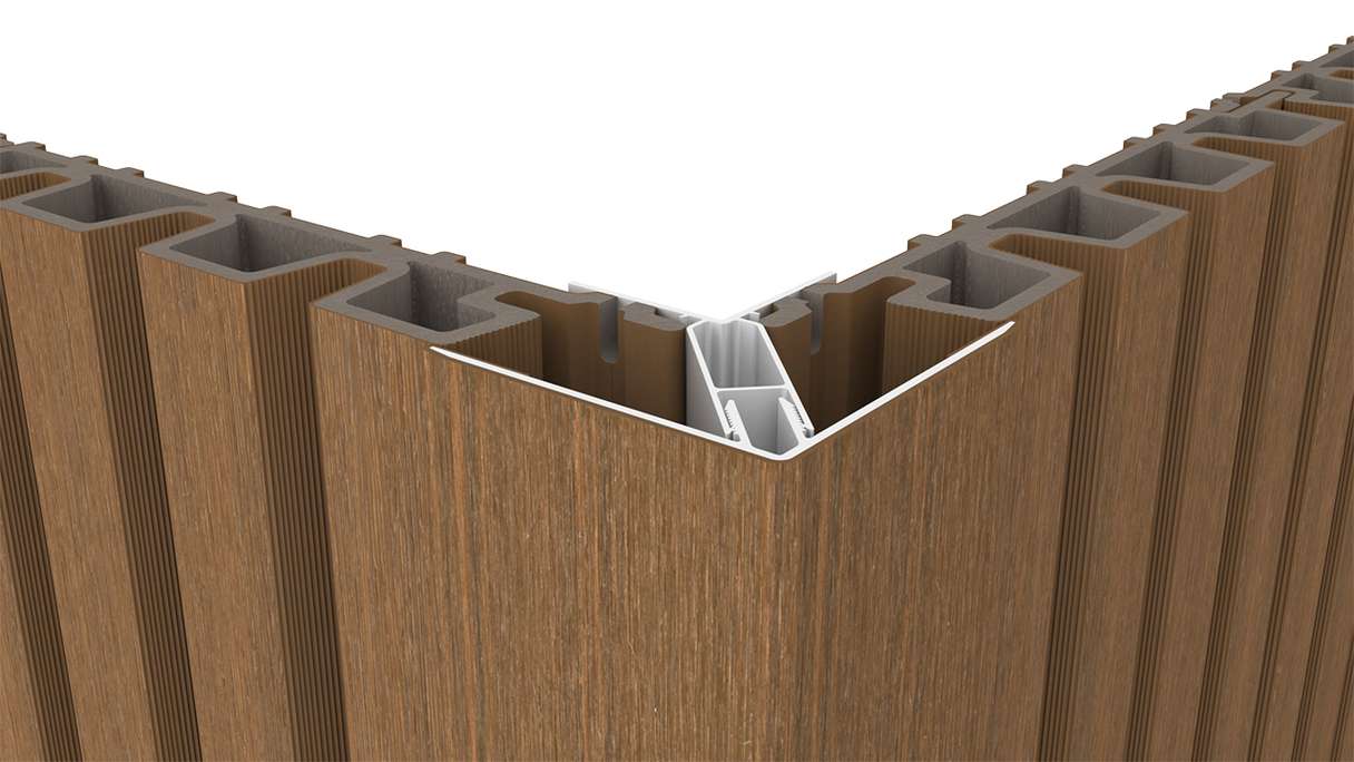 planeo LINEA - Profilo angolare esterno in alluminio CoEx, finitura teak birmano, 3000 x 66 x 66 mm