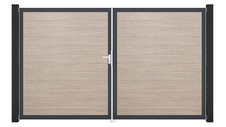 planeo Gardence Simply Small - Cancello in PVC a 2 ante, modello Sheffield Oak con telaio in alluminio, 300 x 180 cm